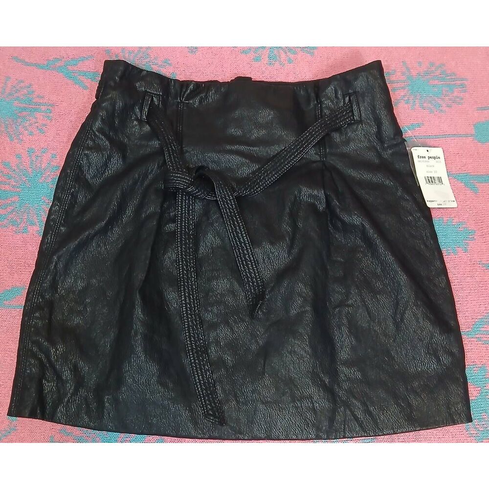 Free People womens size 10 vegan leather mini skirt with tie waist whimsy goth